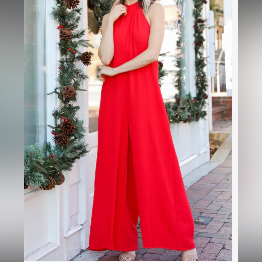 Vibrant Red Sleeveless Jumpsuit with Wide-Leg Elegance Tie Neck Open Back